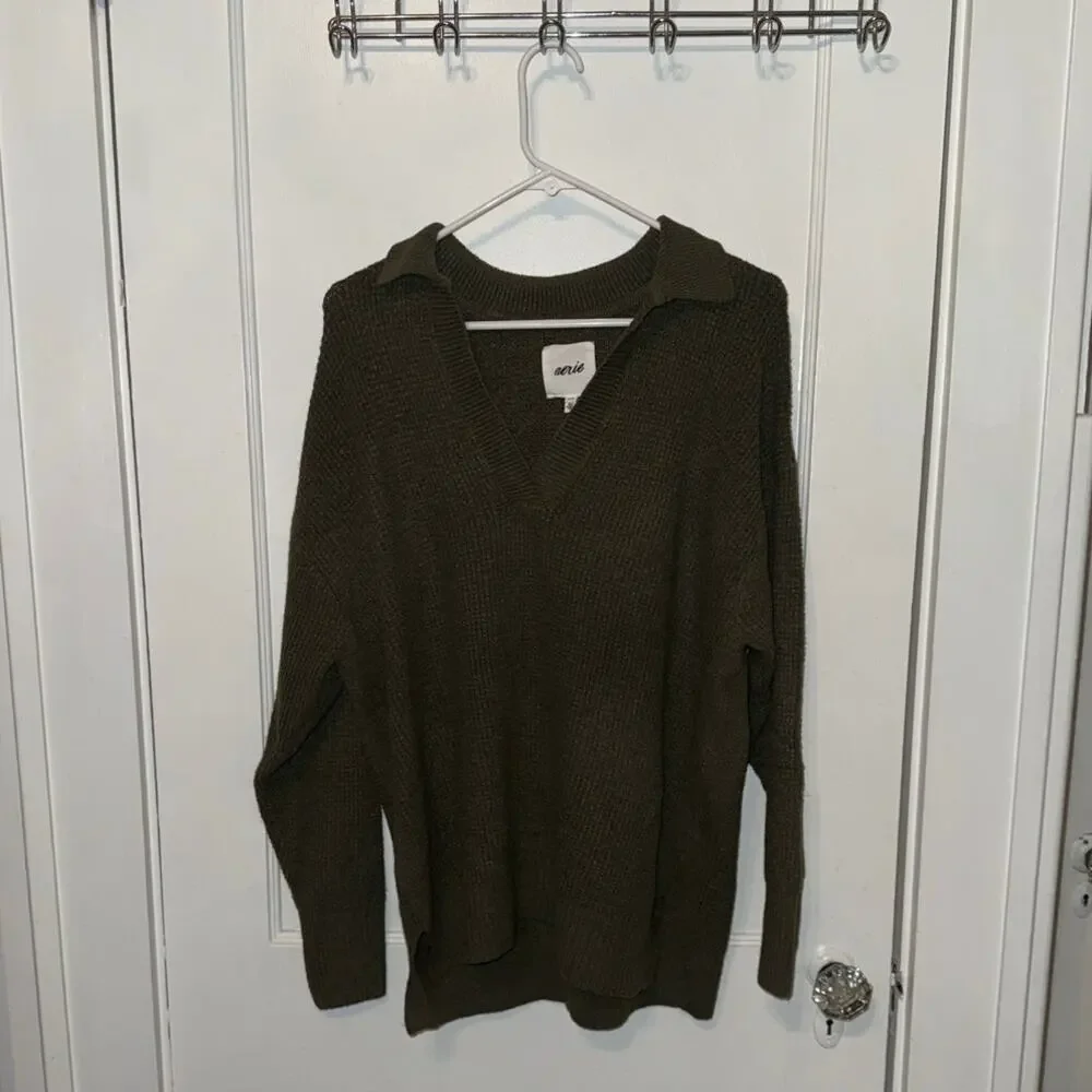New Aerie Collared V Neck Oversized Knit Sweater Green Women's size S